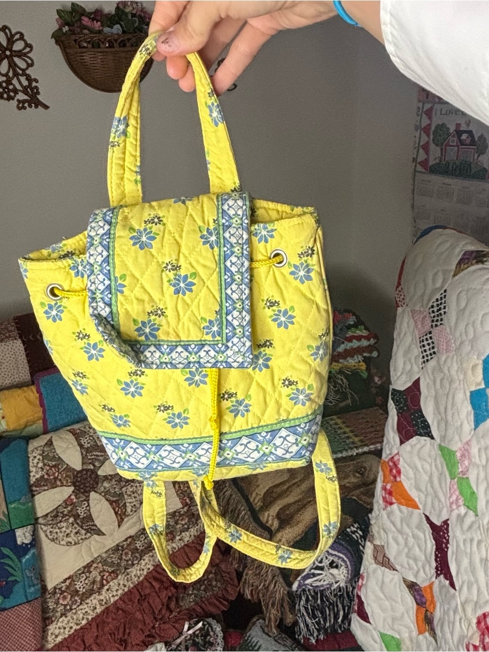 Bueno Quilted Cloth Mini Backpack Purse Yellow Blue Floral Botanical Coquette